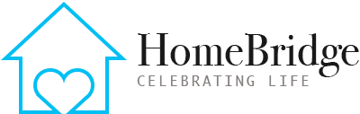 HomeBridge-Logo mit blauem Haus- und Herzsymbol, grauem „HomeBridge“-Schriftzug und dem Slogan „Celebrating