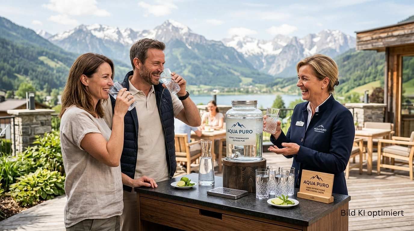 Der Hotelier und Gäste freuen sich sichtlich, weil sie jetzt gefiltertes Wasser von Aqua Puro haben
