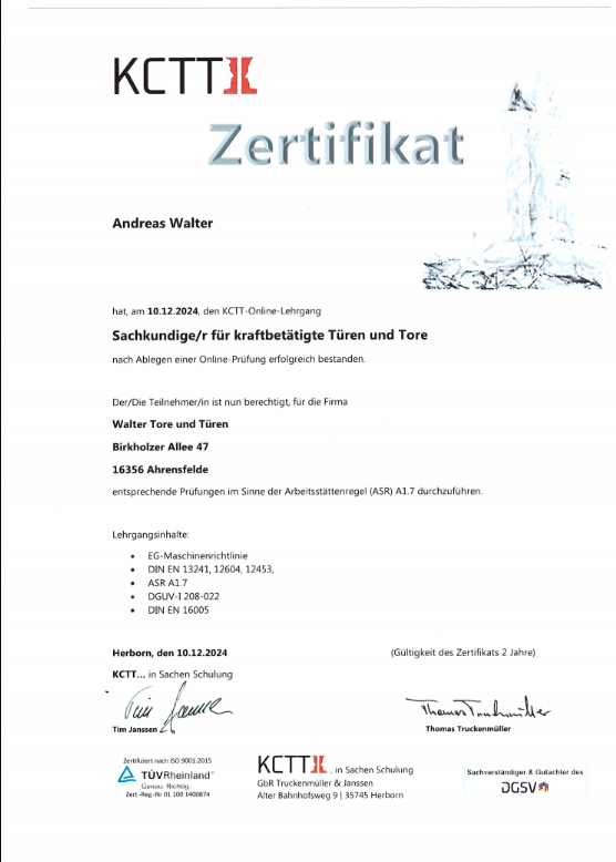 Sachkunde für Kraftbetätigte Tore und  Türen