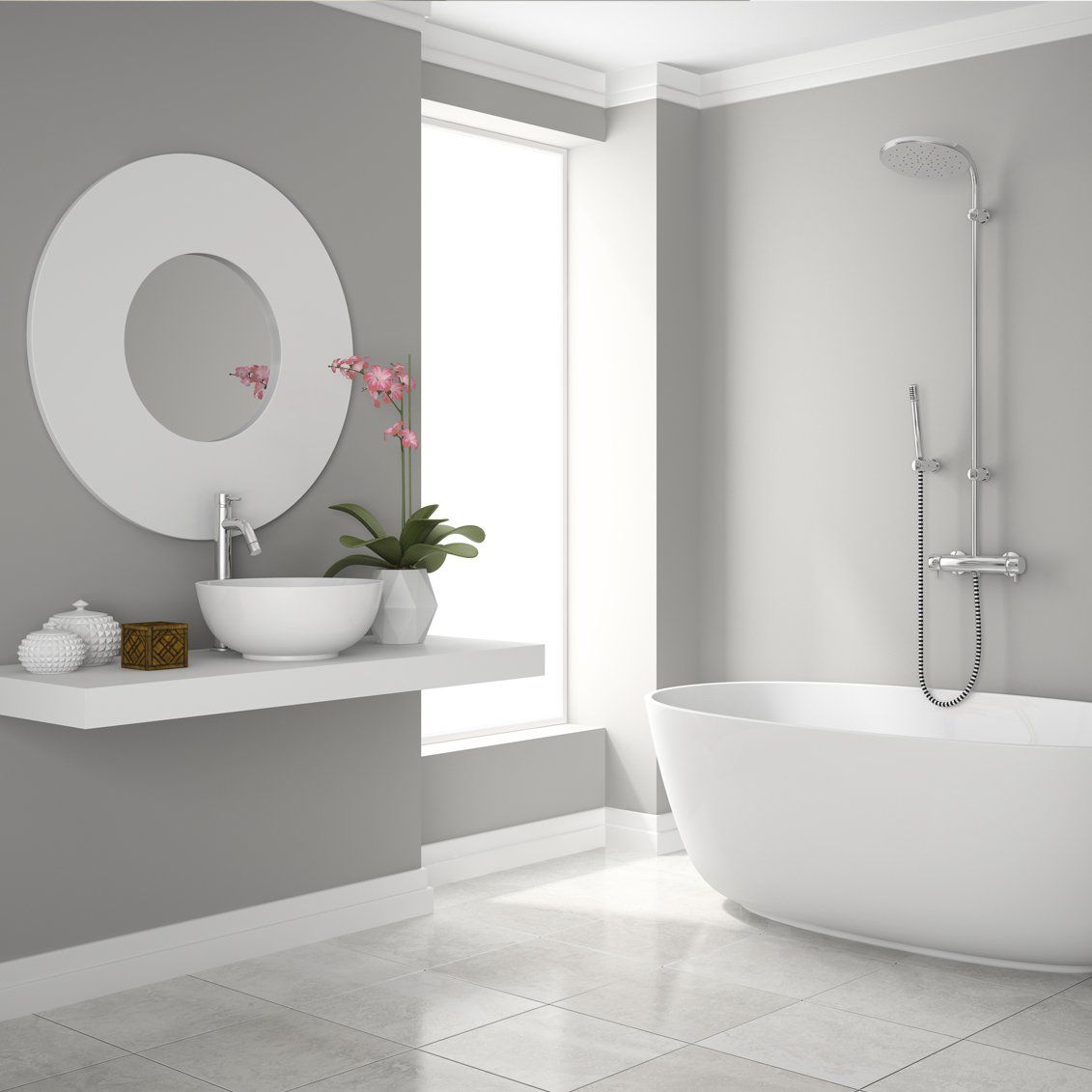 Simplicidad caracteriza este baño, blancos sobre paredes grises.