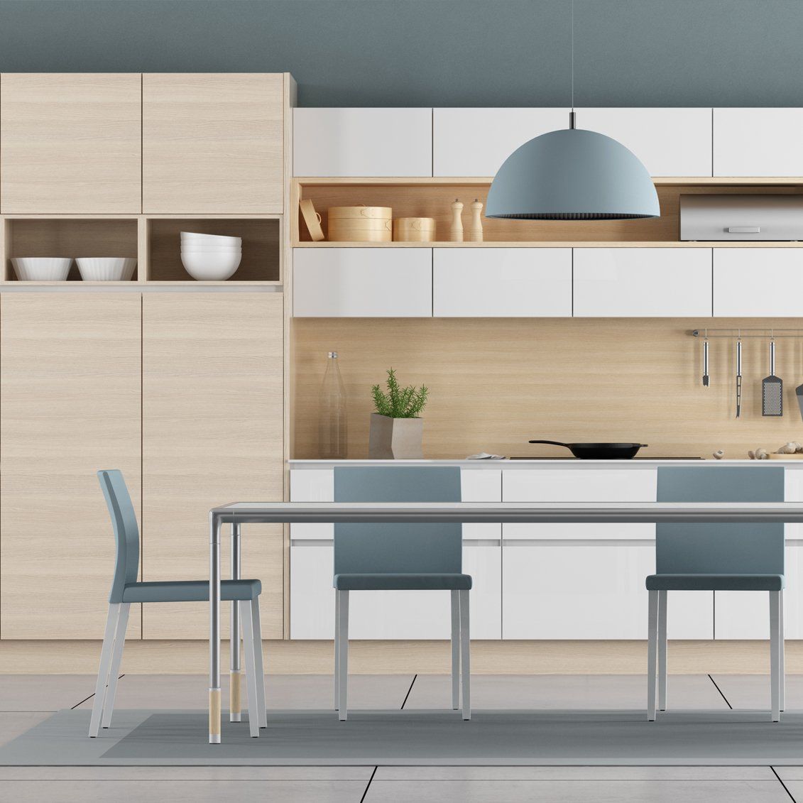 Espacio de Comedor  unificado con cocina en tonos cálidados.