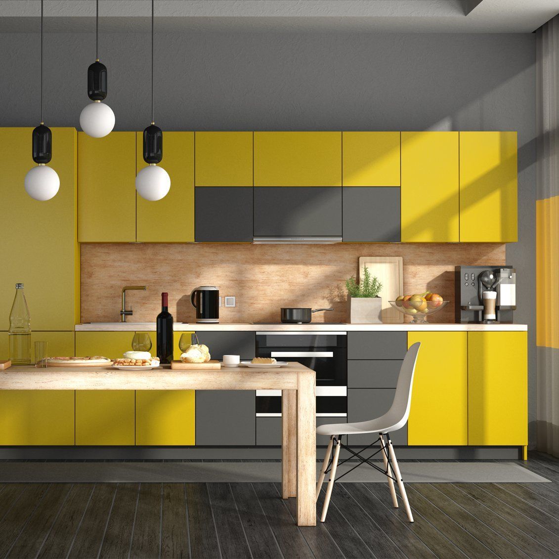 Cocina office combinada en amarillo y antracita.