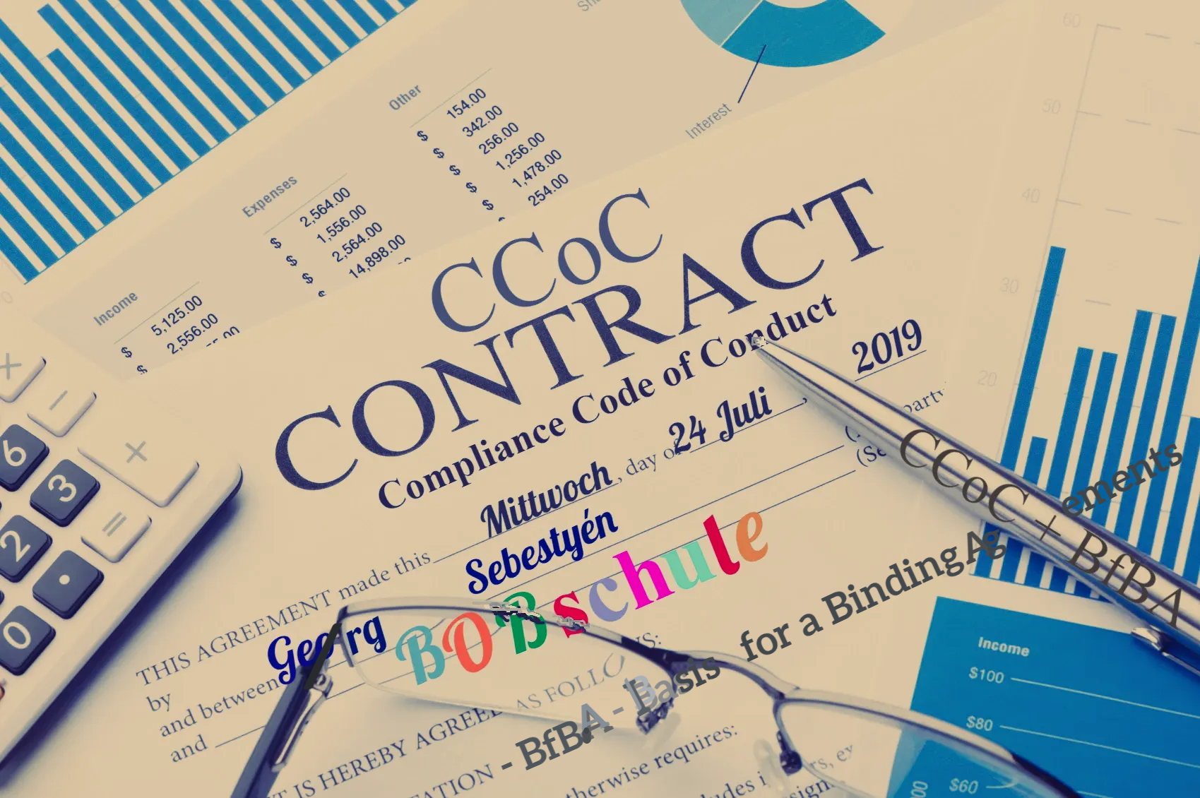 CCoC – Compliance Code of Conduct => Freiwillige Vereinbarung zu unseren Wertstellung, - Ethik- und Integritätsstandards und - Verhaltensregeln * Jeder, der sich ernsthaft für unseren CCoC-Verhaltenskodex interessiert, kann diesen selbstverständlich auch erhalten! * Wir möchten, dass Sie es lesen! * Unsere Wertstellung und Verhaltensregel sind für unser Vorangehen sehr wichtig! * Deshalb sind für BOBschule absolute Integrität sowie ethisch -, ökologisch - und rechtlich korrekte Einstellung in allen Projekten, die erste Voraussetzung!