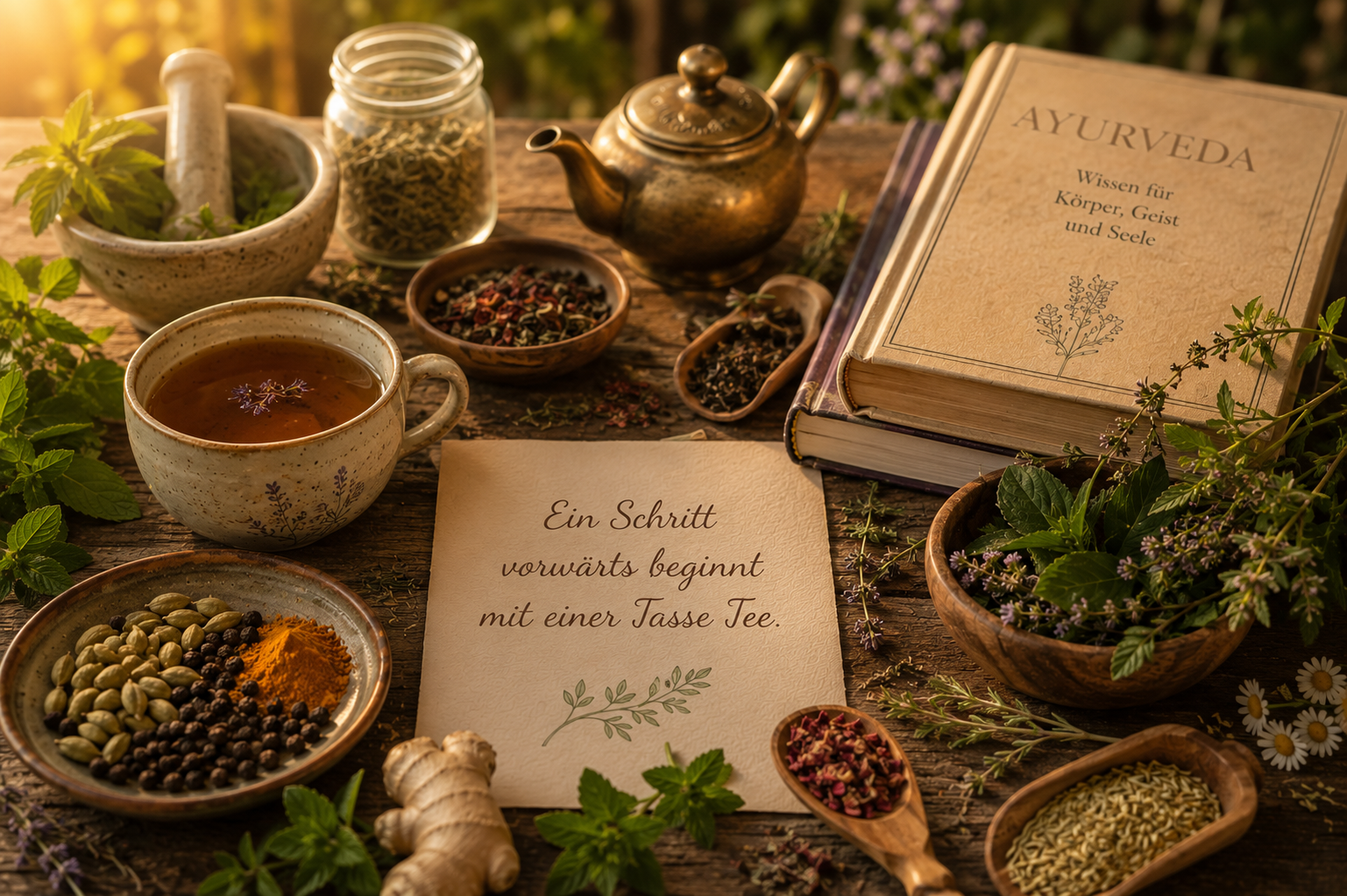 Tasse Tee mit Kräutern, Gewürzen und Ayurveda-Büchern – Symbol für den Beginn eines neuen Weges zu ganzheitlicher Gesundheit und Balance.