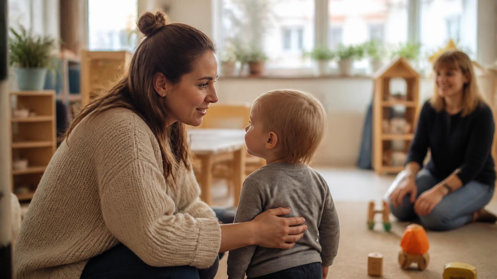 Kleinkind schaut in der Kita zu seiner Mutter auf, die auf Augenhöhe hockt, im Hintergrund eine Erzieherin