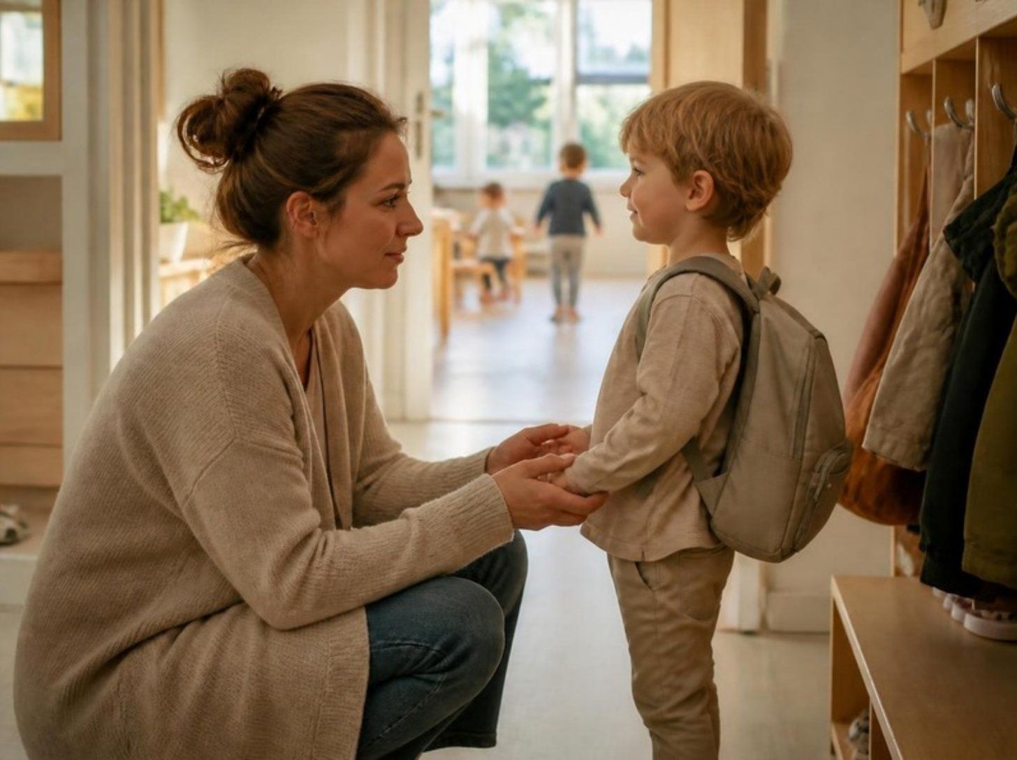 Mutter verabschiedet sich in der Kita-Garderobe behutsam von ihrem Kindergartenkind bei der Eingewöhnung