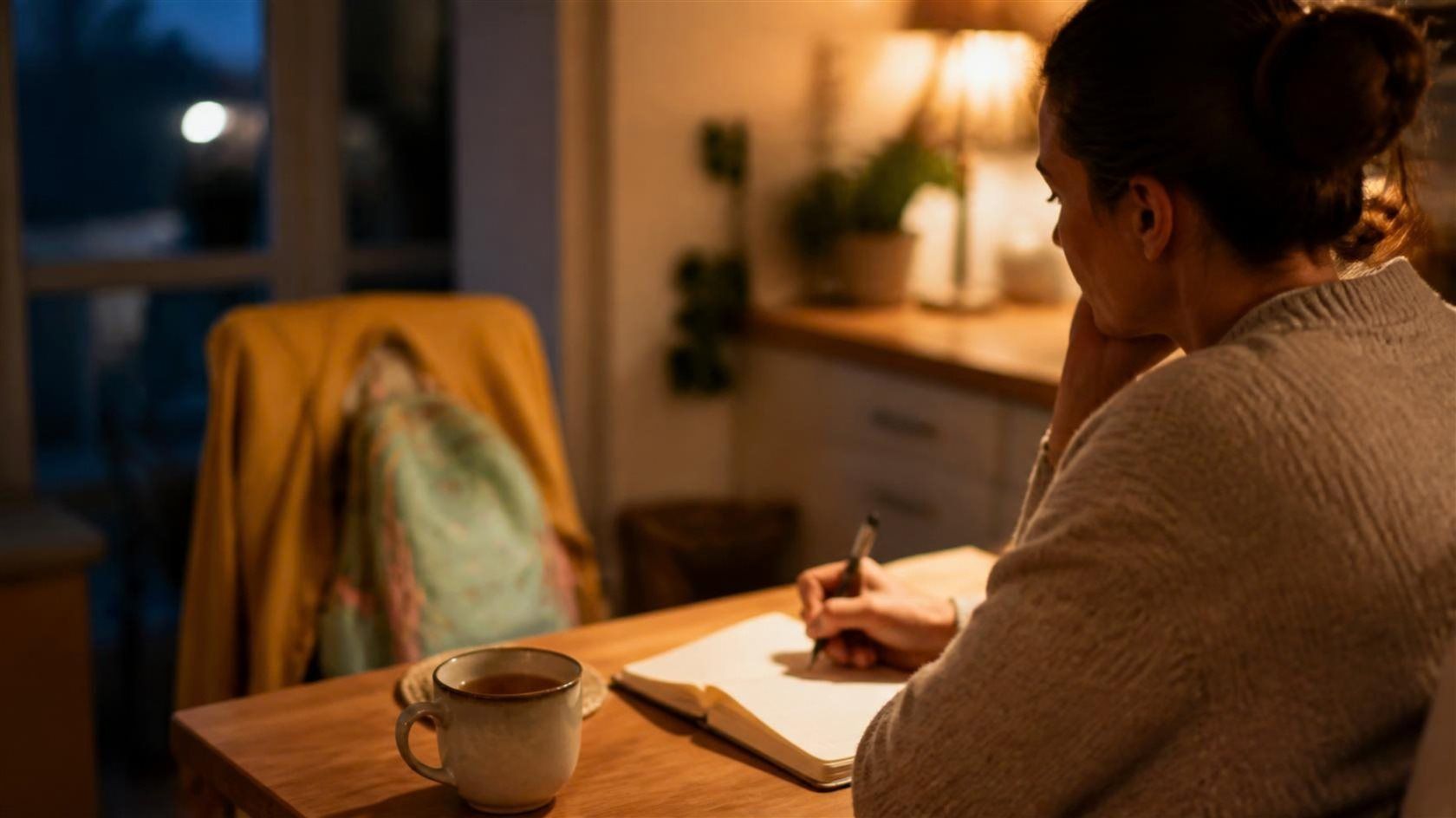 Elternteil schreibt abends am Küchentisch Notizen zur Kita-Eingewöhnung in ein Notizbuch