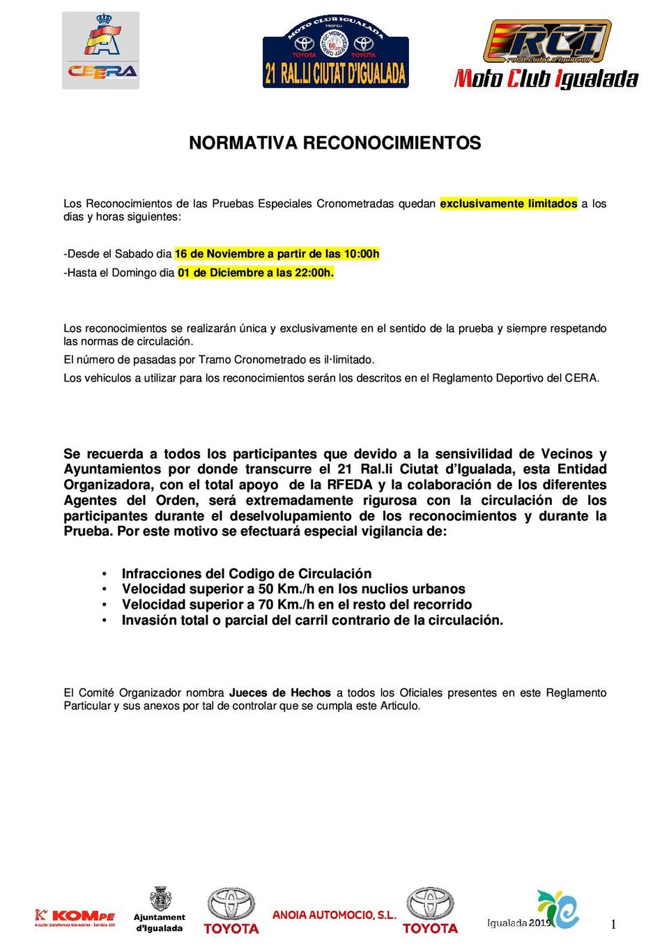 normativa de reconocimientos para el 21 rallye ciutat igualada