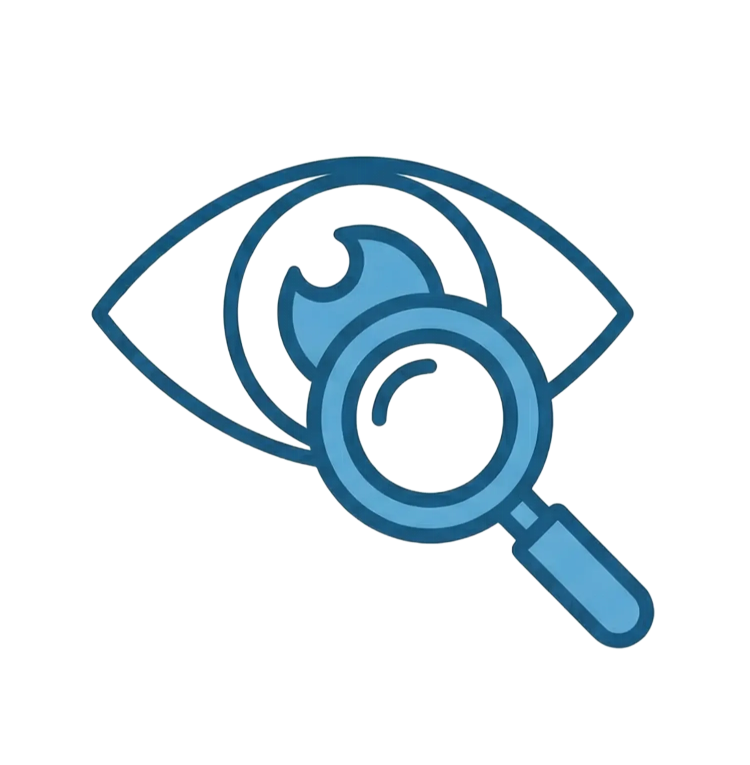 Blaues Icon mit Auge und Lupe, das den Schritt 'Hinschauen' und die Analyse von Potenzialen bei der AlltagsWende Beratung darstellt.