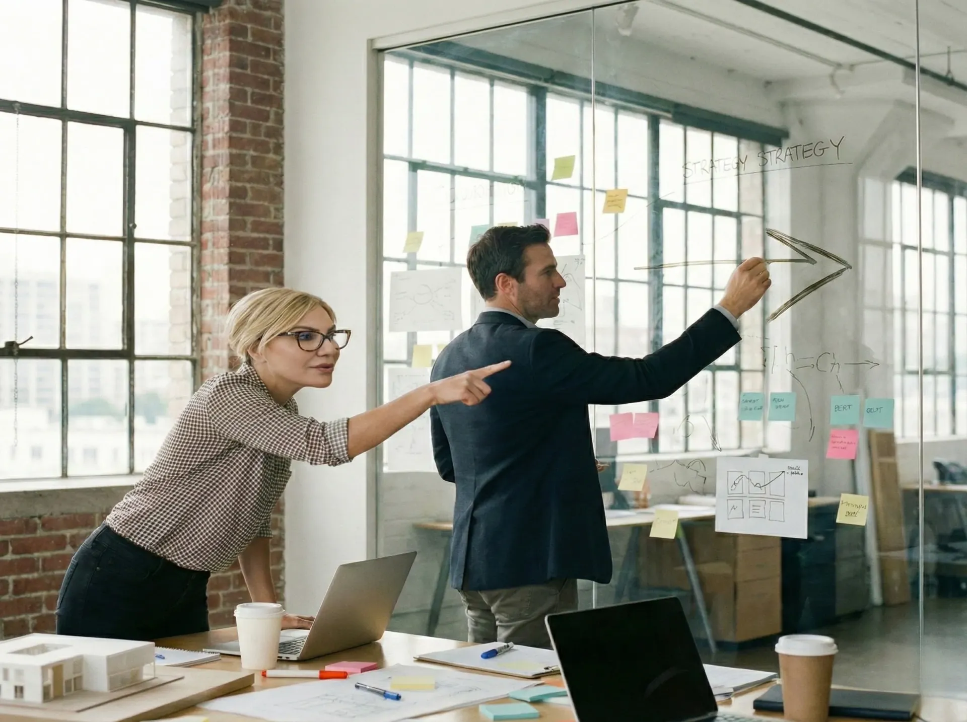 Hatice Karabacak in einer dynamischen Strategie-Session am Whiteboard: Der Ideen-Sprint löst gedankliche Blockaden und schafft einen klaren Fahrplan.