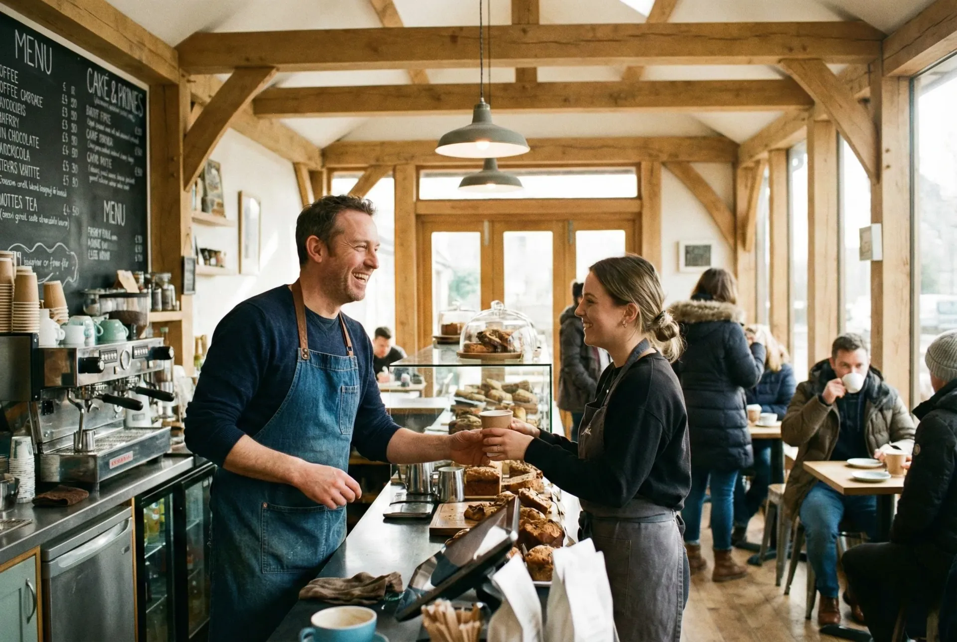 Darstellung eines Gastronomie- oder Handelsbetriebs mit verbesserten Abläufen und klaren, effizienten Strukturen.