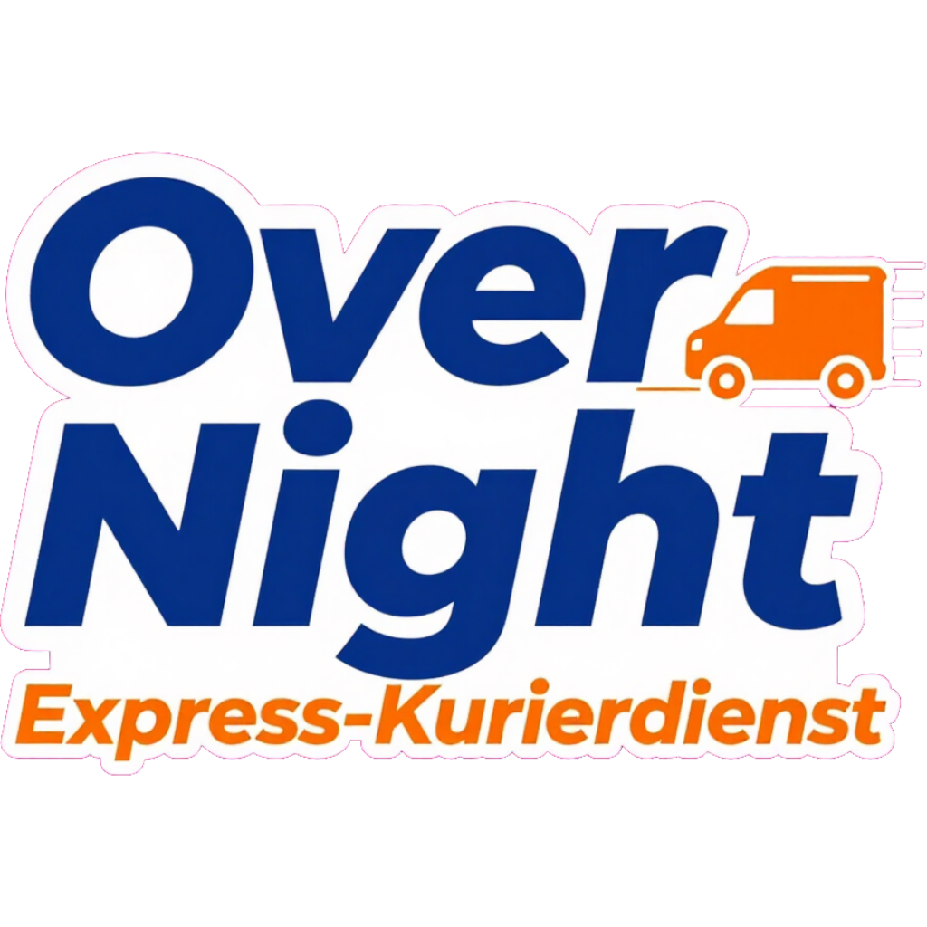 OverNight Express-Kurierdienste OverNight Express-Kurierdienst-Logo mit blauer Schrift und orangefarbenem Lieferwagen