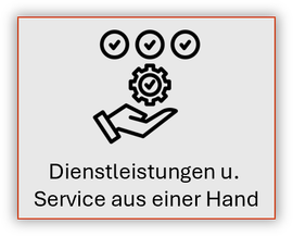 Black service icon with hand, gears, checkmarks, and German text “Dienstleistungen u. Service aus einer Hand”