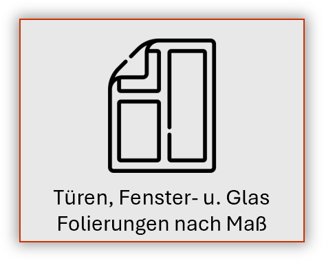 Black line icon of a door and window with German text: “Türen, Fenster- u. Glas Folierungen nach Maß”