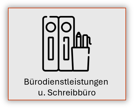 Schwarzes Bürobedarfssymbol mit deutschem Text „Bürodienstleistungen u. Schreibbüro“ auf weißer Karte.