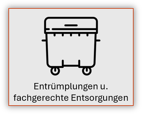 Black-and-white recycling bin icon with German text “Entrümpelungen u. fachgerechte Entsorgungen”