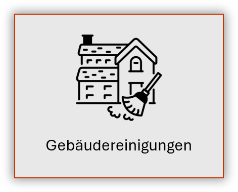 Icon für Gebäudereinigungen: Haus, Fenster und Reinigungsbürste in Schwarz auf hellem Hintergrund.