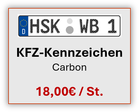 Deutscher Kennzeichenhalter aus Carbon, schwarze Schrift mit rotem Preisschild, 18,00 € pro Stück