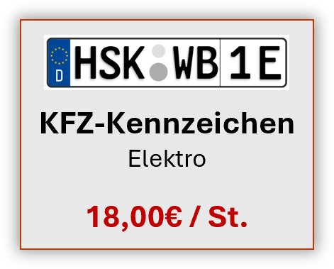Deutsches Kennzeichenschild für Elektrofahrzeuge, weiß mit schwarzer Schrift und rotem Preis: 18,00 € pro Stück
