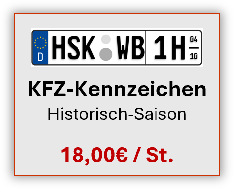 Deutsches Oldtimer-Kennzeichenschild, weißer Hintergrund mit schwarzer Schrift und rotem Preis: 18,00€ pro Stück.