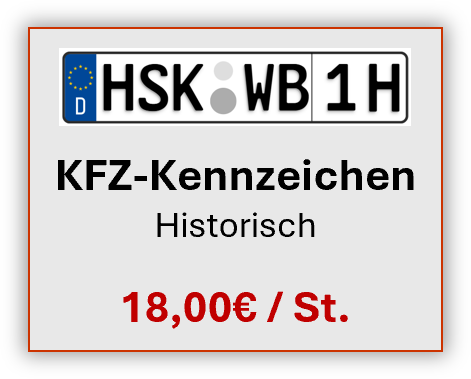 Deutsches historisches Kfz-Kennzeichen „HSK WB 1H“ mit Preisangabe „18,00€ / St.“