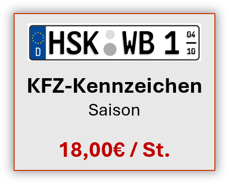Deutsches saisonales Kfz-Kennzeichenschild, weißer Hintergrund mit schwarzer Schrift und rotem Preisschild: 18,00 € pro Stück