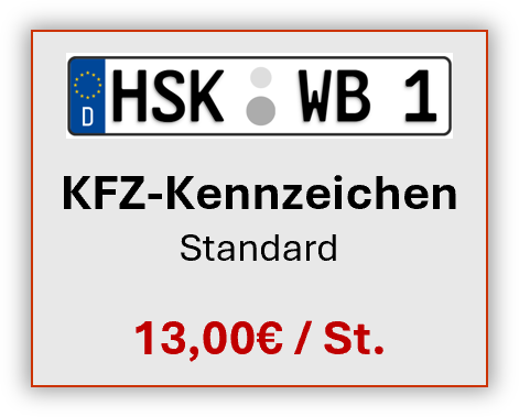 Deutsches Standard-Kennzeichen „HSK WB 1“ mit dem Preis 13,00 € auf weißem Hintergrund