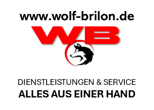 Werbeanzeige für Wolf Brilon, rote WB-Logos, Website, Telefon und E-Mail in Schwarz-Rot auf Weiß