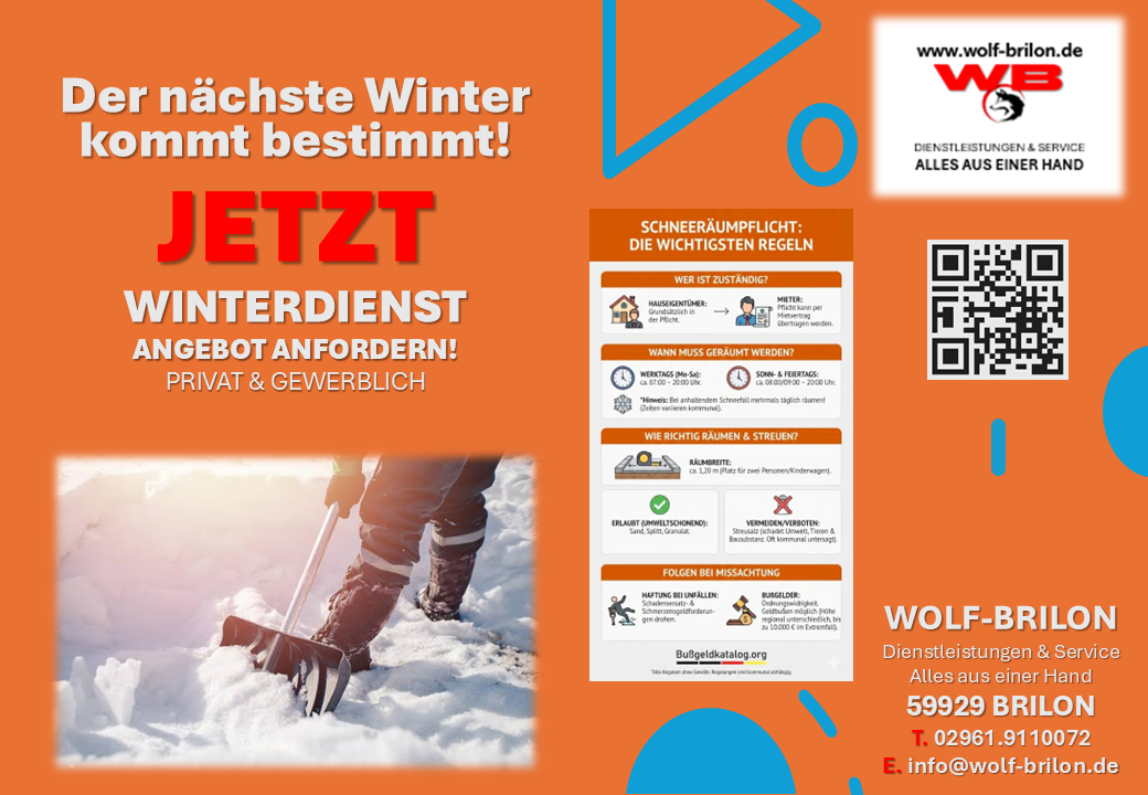 Oranger Winterdienst-Flyer mit Schneeschaufel, deutschem Text, QR-Code und Wolf-Brilon-Kontaktdaten