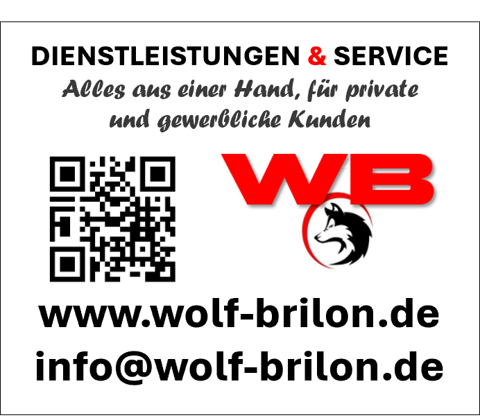 Werbeanzeige für Wolf Brilon, rote WB-Logos, Website, Telefon und E-Mail in Schwarz-Rot auf Weiß