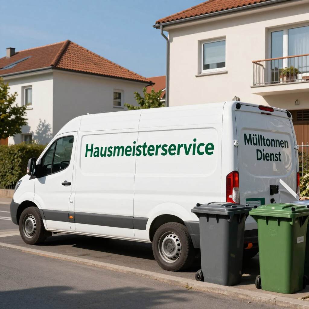Ein weißer Lieferwagen mit der Aufschrift „Hausmeisterservice“ parkt neben Mülltonnen in einer Vorstadtstraße.
