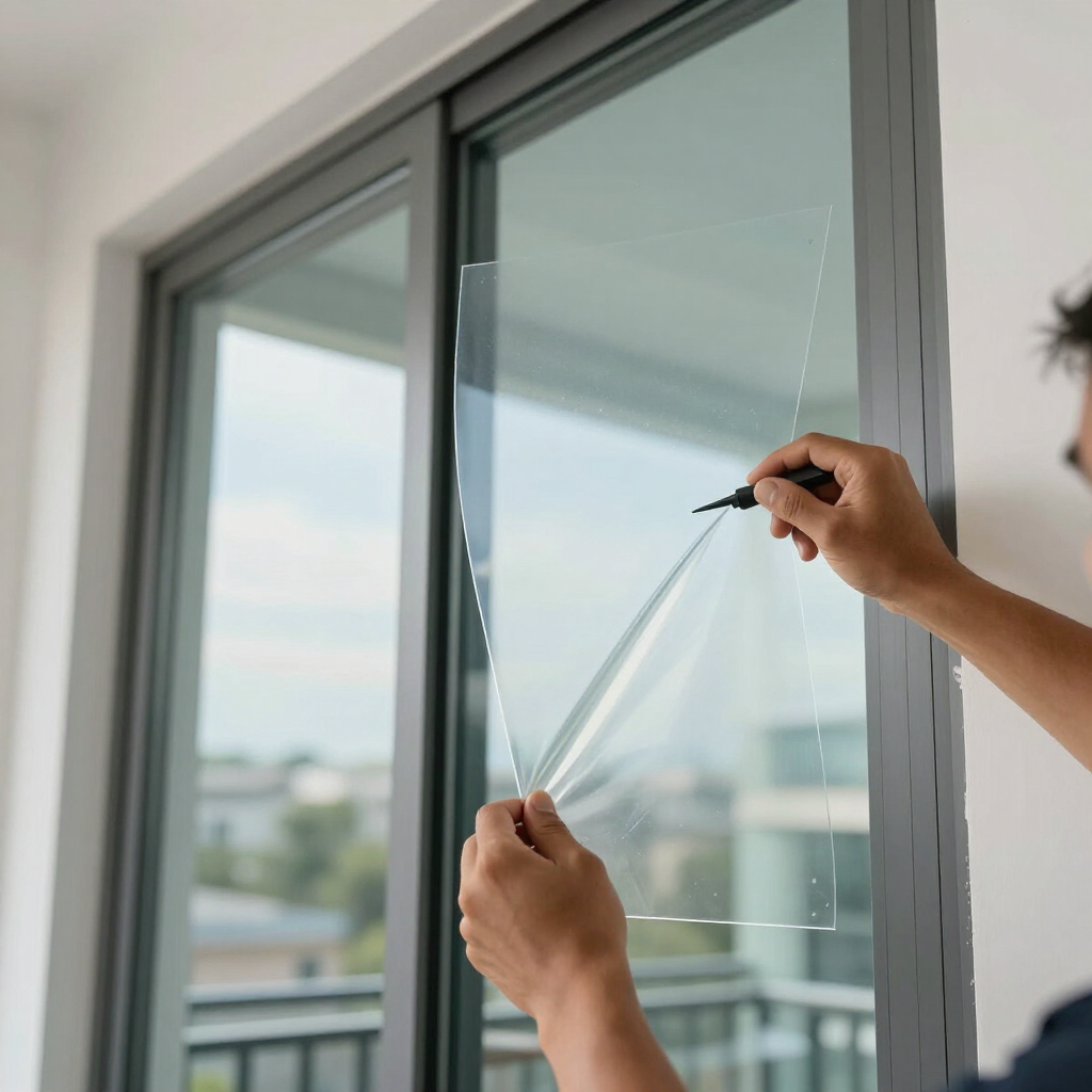 Hände bringen in einem hellen Raum eine durchsichtige Fensterfolie an einer Glasschiebetür an.