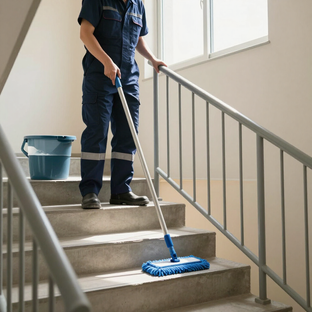 Eine Person wischt eine Treppe; daneben steht ein blauer Eimer.