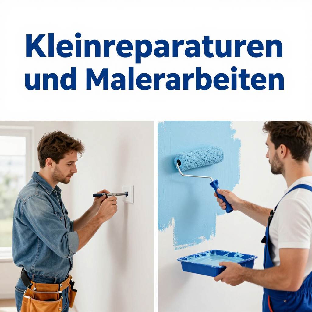 Handyman painting and repairing walls, with German text above: “Kleinreparaturen und Malerarbeiten”