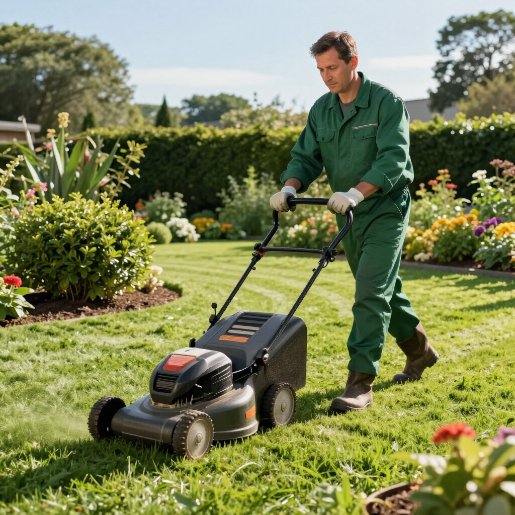 Eine Person in grünem Overall mäht mit einem schwarzen Handrasenmäher einen üppigen Gartenrasen.
