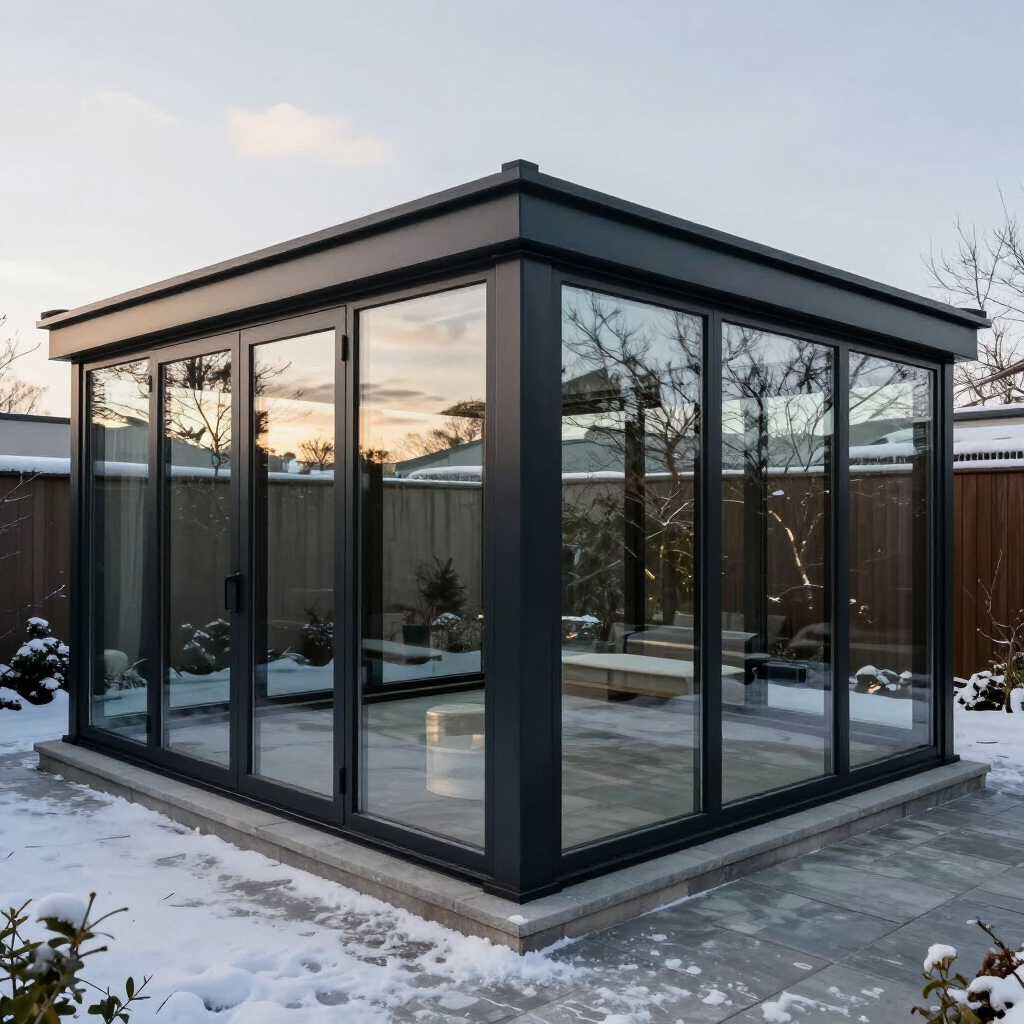 Moderner, verglaster Pavillon in einem verschneiten Garten in der Abenddämmerung