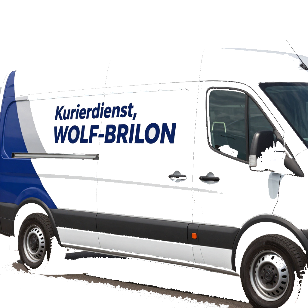 Kurierdienste Weißer Lieferwagen mit blauem „Kurierdienst WOLF-BRILON“-Schriftzug an der Seite