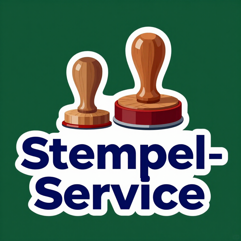 Zwei hölzerne Gummistempel über dem blauen Text „Stempel-Service“ auf grünem Hintergrund