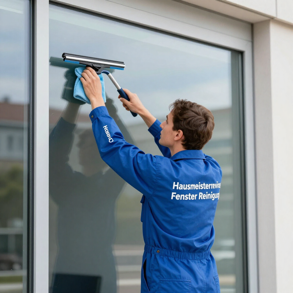 Ein Arbeiter in blauer Uniform reinigt ein großes Fenster mit einem Abzieher.