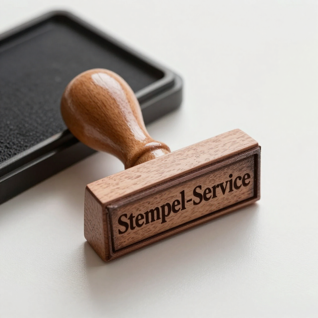 Ein hölzerner Gummistempel mit der Gravur „Stempel-Service“ neben einem schwarzen Stempelkissen