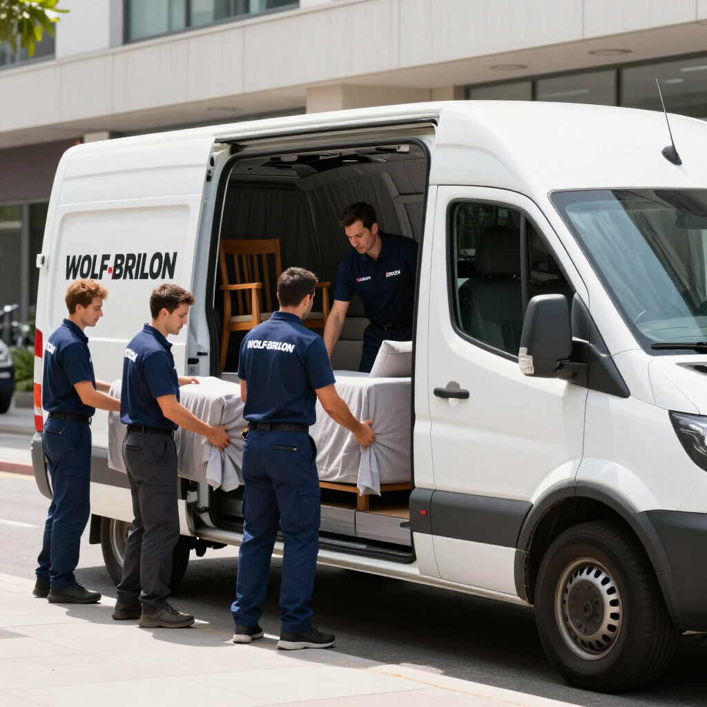 Kleintransporte Arbeiter entladen Kisten aus einem weißen Lieferwagen vor einem Gebäude