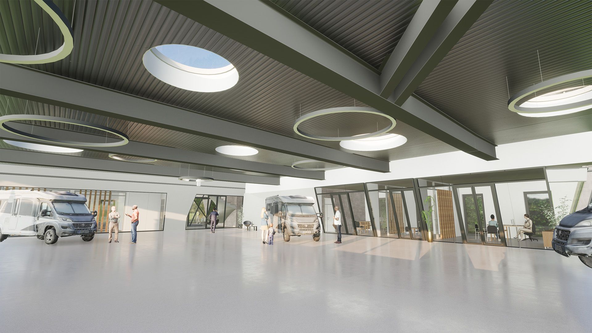 Großflächiges, modernes Gebäudeinterieur mit Autos, Menschen und architektonischen Gestaltungselementen wie runden Oberlichtern und schrägen Trägern.