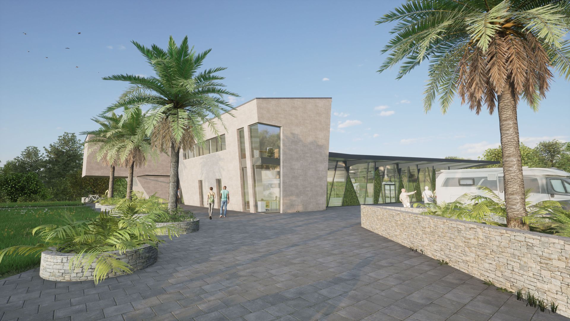 Modernes beiges Gebäude mit Palmen, Auffahrt und zwei Passanten.