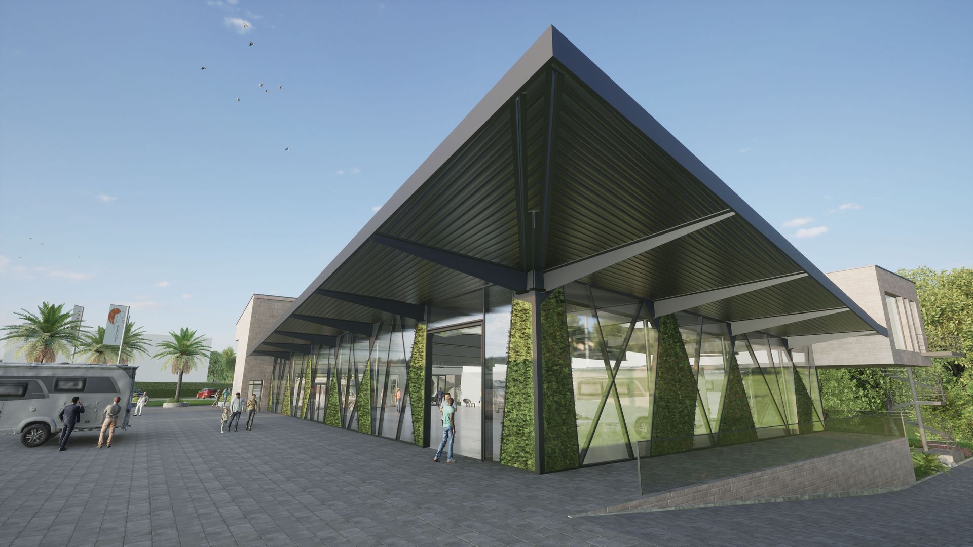 Modernes Gebäude mit Glaswänden, schrägem Dach und Passanten im Außenbereich. Grüne Ranken an den Wänden.