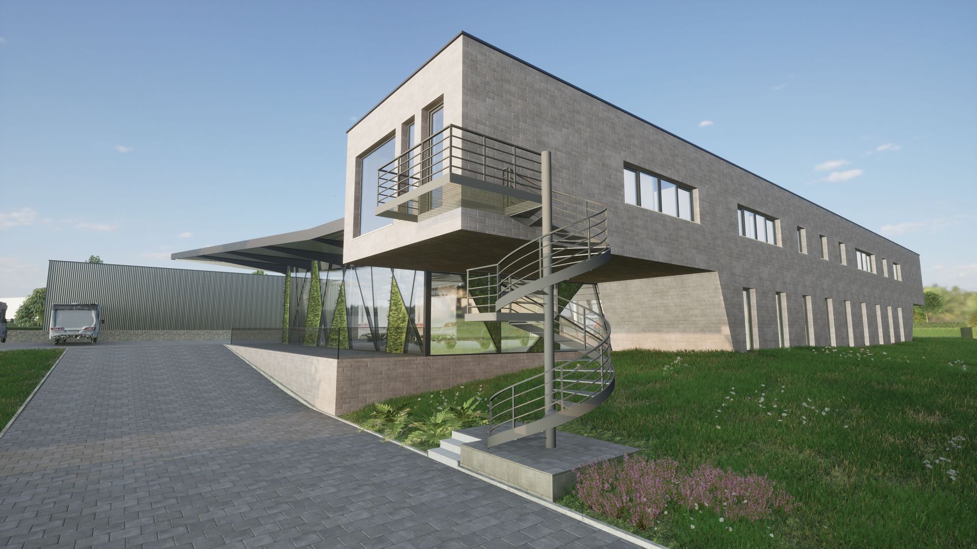 Modernes graues Gebäude mit Wendeltreppe, Weg und stilisierter Weinbergkulisse.