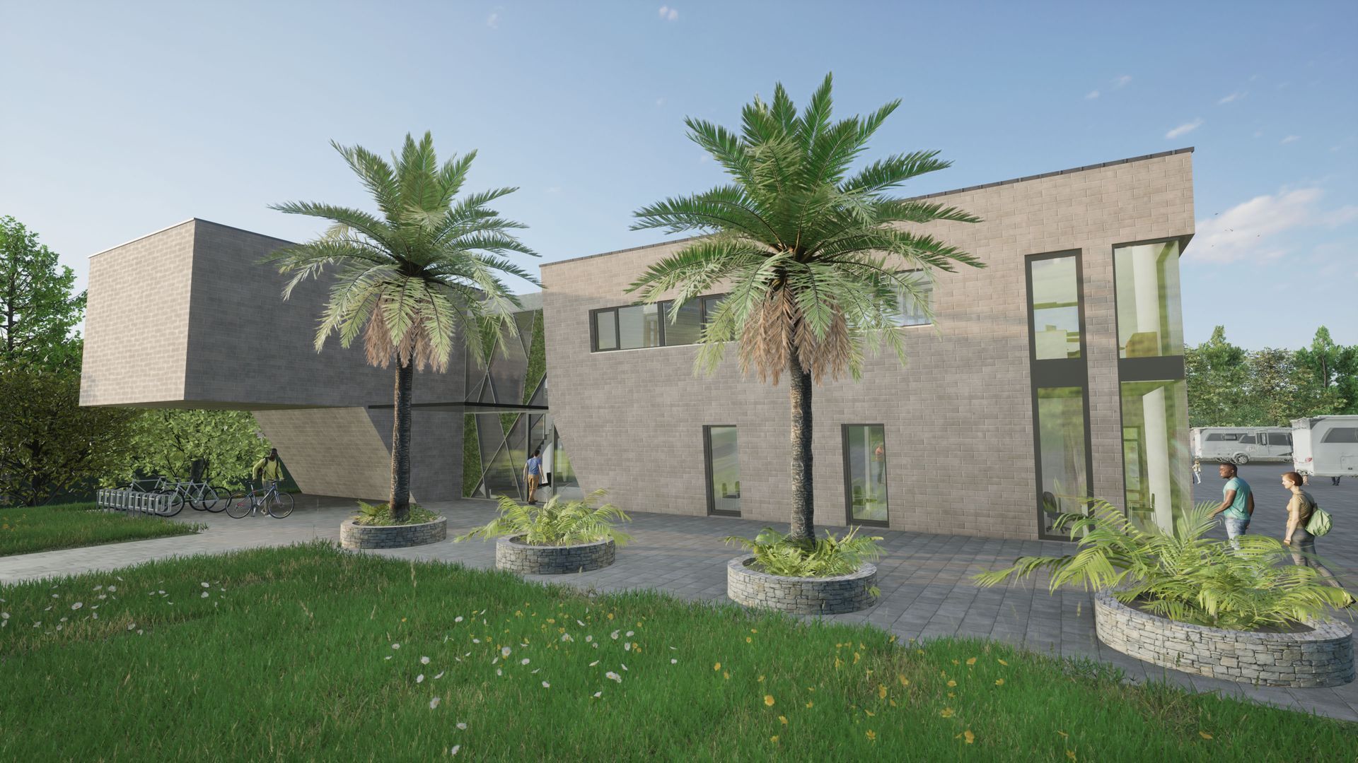 Modernes Backsteingebäude mit Palmen davor; Menschen gehen in der Nähe spazieren.