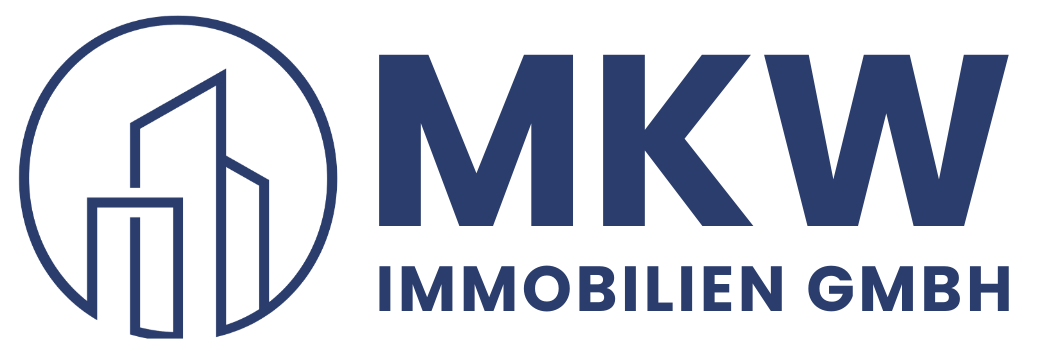 Logo für MKW Immobilien GmbH: blauer Text und ein Kreis mit Gebäuden darin.