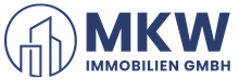 Logo für MKW Immobilien GmbH: blauer Text und ein Kreis mit Gebäuden darin.