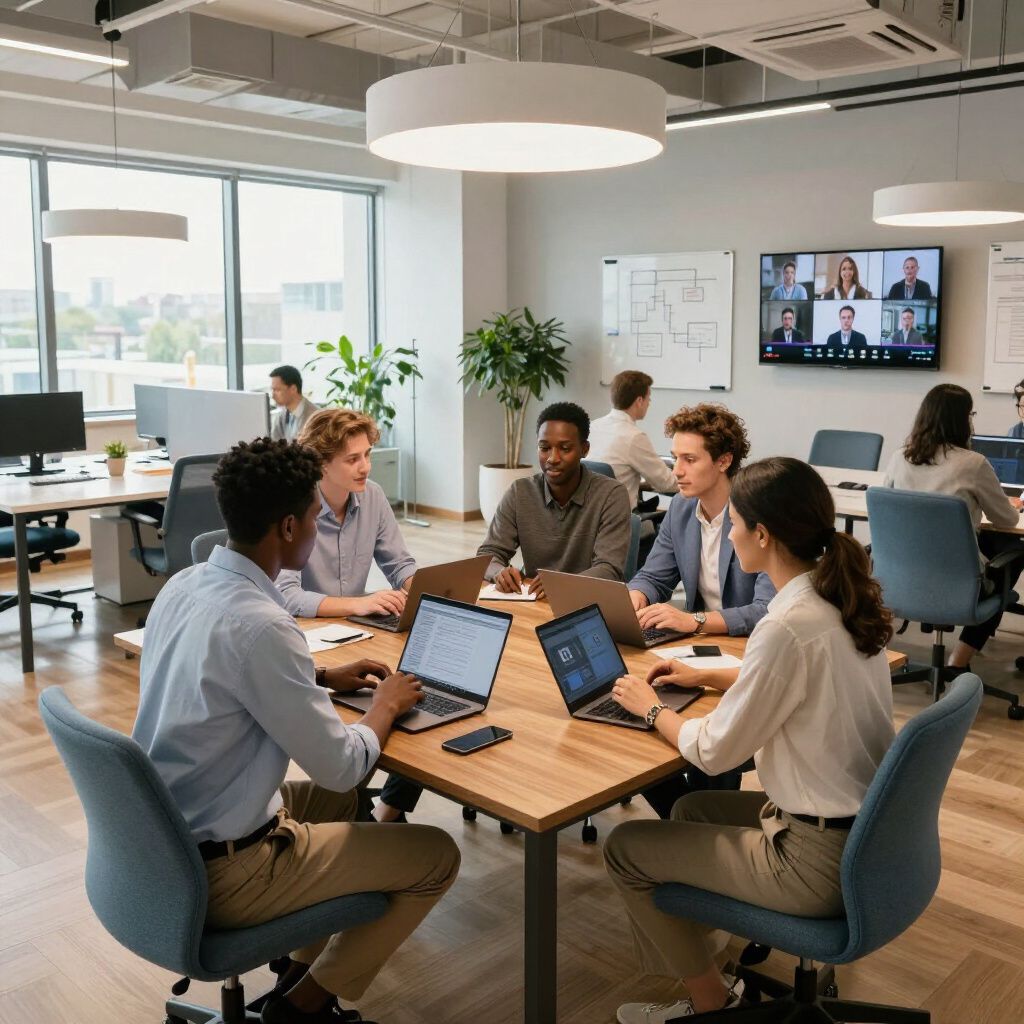 Eine Gruppe von Menschen arbeitet in einem hellen Büro an einem Tisch mit Laptops. Im Hintergrund ist ein Videoanruf auf dem Bildschirm zu sehen.