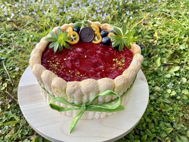 Zarter handgemachter Löffelbiskuit mit Beeren-Joghurtmousse und Fruchtspiegel